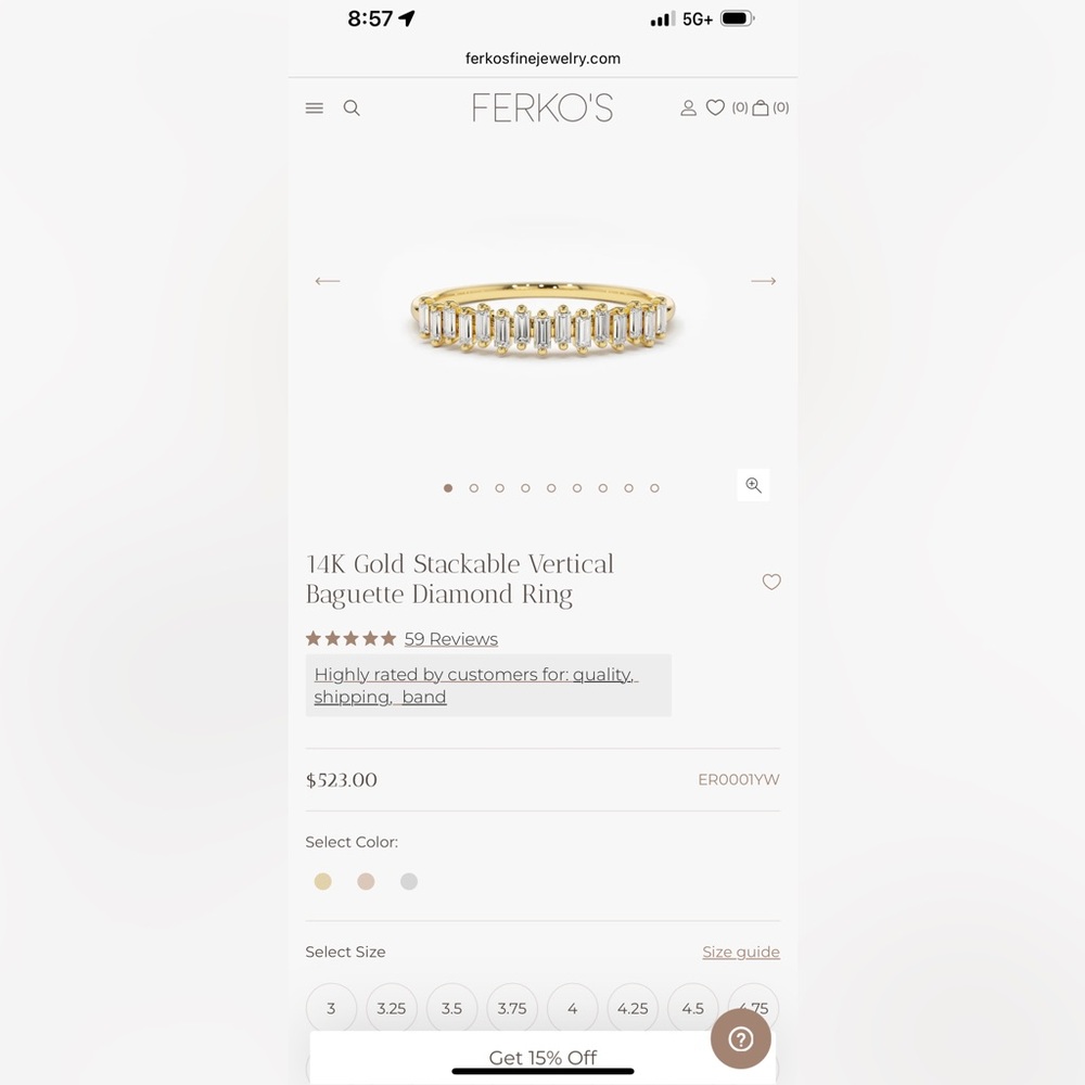 14K Gold Stackable Vertical Baguette Diamond Ring